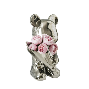 Adorno Oso Con Ramo Rosado De Cerámica