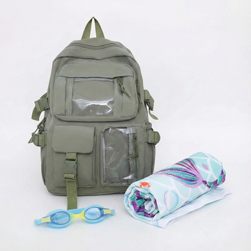 Mochila Kawai Verde + Lentes Natación Azul + Toalla Playa sirena