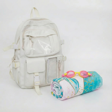 Mochila kawai Blanco + Lentes Natación Amarillo + Toalla Playa sirena