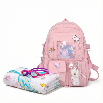 Mochila kawai Rosa + Lentes Natación purpura + toalla playa sirena