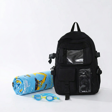 Mochila Kawai Negra + Lentes Natación azul + Toalla playa animado