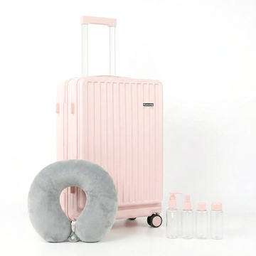 Maleta Rosa + Almohada gris + Set de viaje Rosa