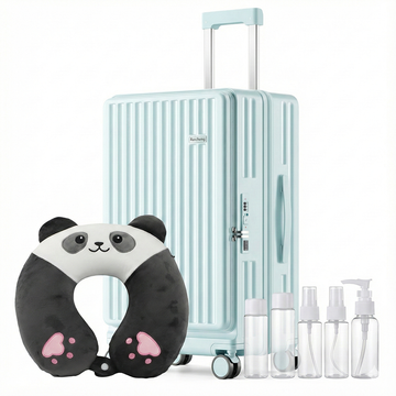 Maleta Celeste + Almohada Panda + Set de viaje