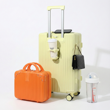 Maleta carry Amarillo + Maleta Rayas Naranja + Tomatodo doble blanco